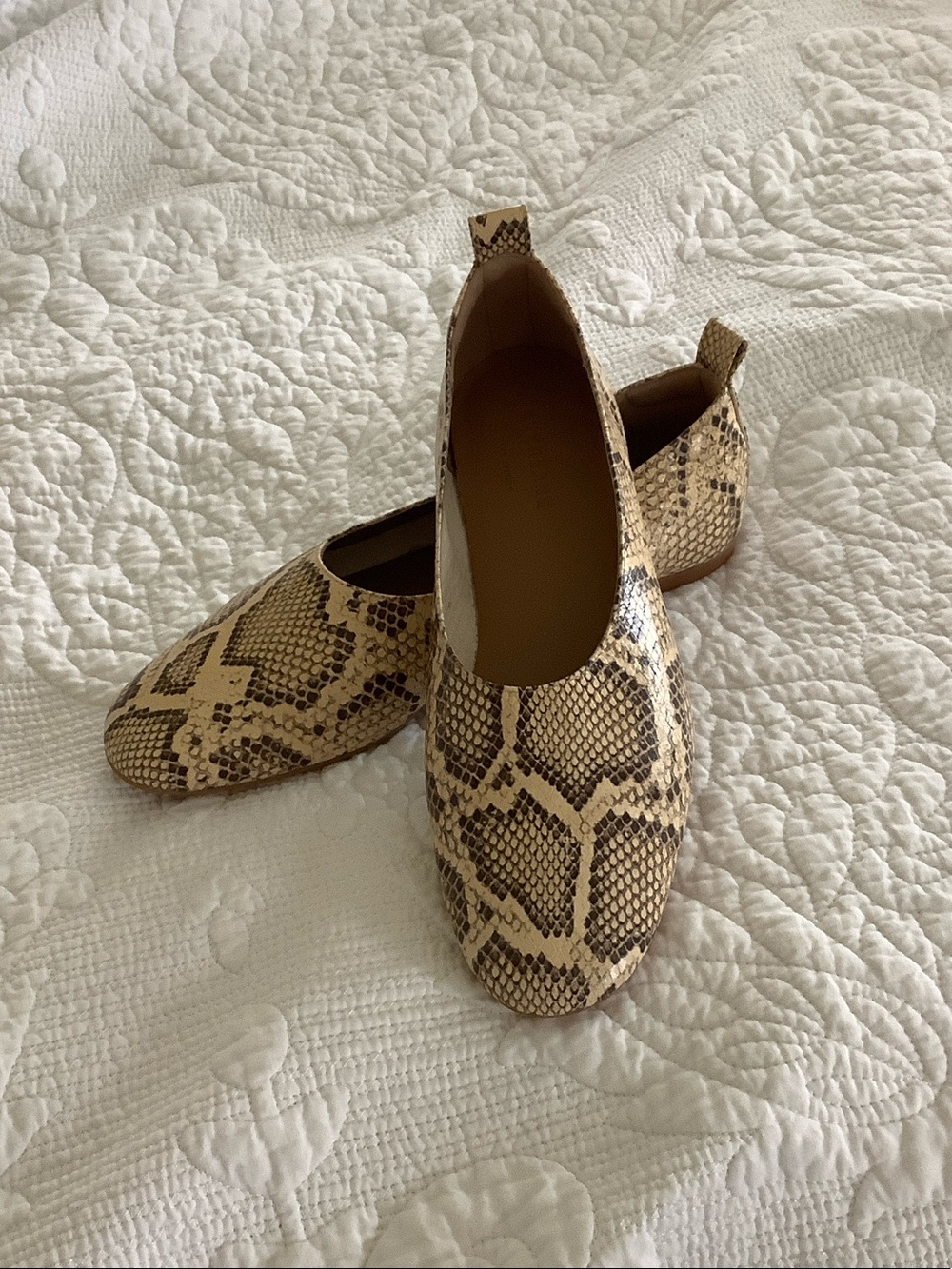 Everlane Snake-Print Slip-On Flats in Beige